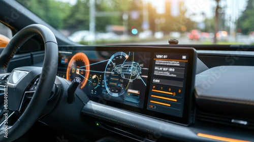 dashboard display of an electric vehicle, showcasing real-time information about the powertrain system's performance and energy consumption.  © Jeerawut