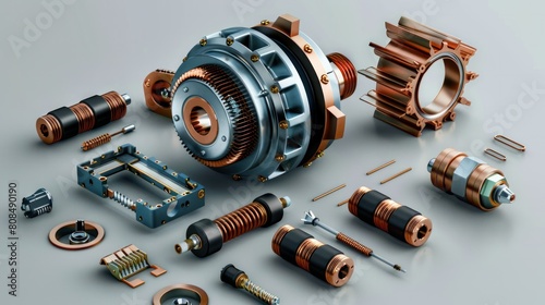  detailed illustration of an electric motor's internal components, including the rotor, stator, and windings. 