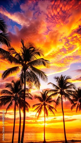 A colorful sunset with palm trees in the foreground  on a Caribbean beach. 