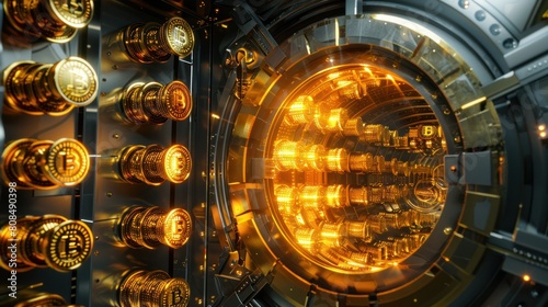  futuristic bank vault, filled with glowing cryptocurrency tokens instead of gold bars. 