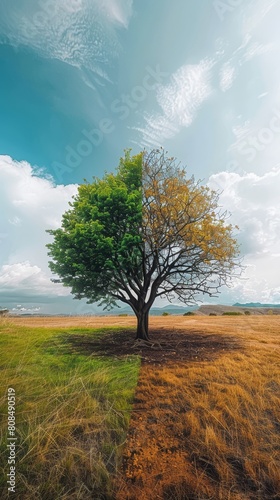 A tree is shown in two different stages of growth