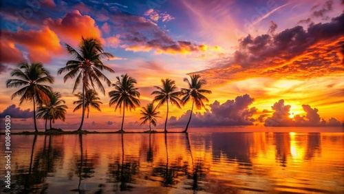 A colorful sunset with palm trees in the foreground, on a Caribbean beach. 
