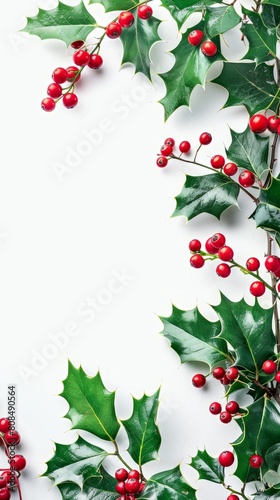 A close-up view of holly leaves and red berries arranged on a clean white background  perfect for Christmas designs and decorations. Copy space.