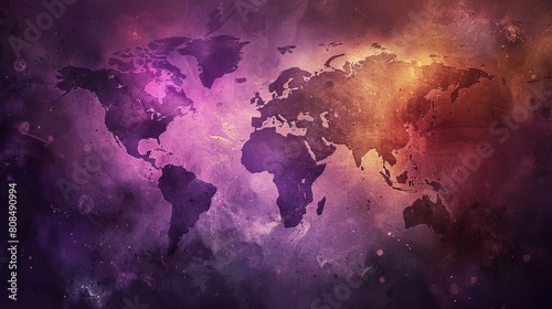 A colorful, abstract painting of the world with purple and orange hues photo