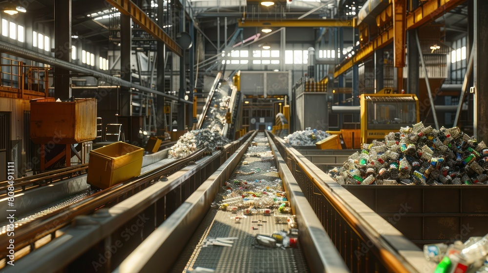  bustling recycling plant, with conveyor belts full of recyclable materials being sorted and processed, 