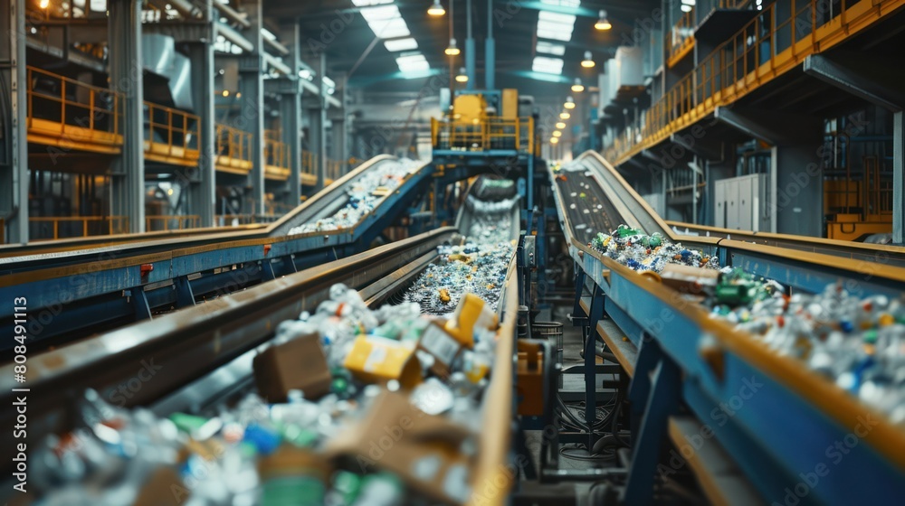 bustling recycling plant, with conveyor belts full of recyclable materials being sorted and processed, bustling recycling plant, with conveyor belts full of recyclable materials being sorted and processed,