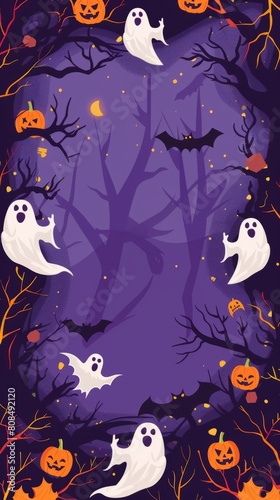 A Halloween scene featuring a ghost hovering over pumpkins in a spooky setting. Copy space.