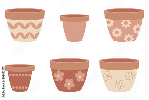 Empty flower terracotta pots of different shapes collection. Hand drawn vector illustration isolated on white background.