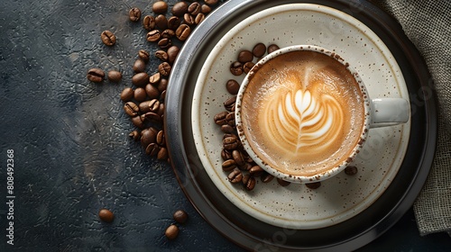 A cup of coffee with latte art in a white mug on a plate with scattered brown beans, in a closeup view from a top down perspective with a flat lay background. photo