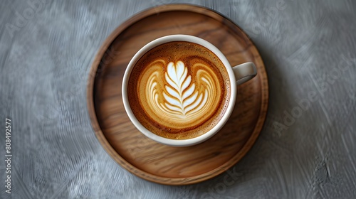 A cup of coffee with latte art in a white mug on a plate with scattered brown beans  in a closeup view from a top down perspective with a flat lay background.