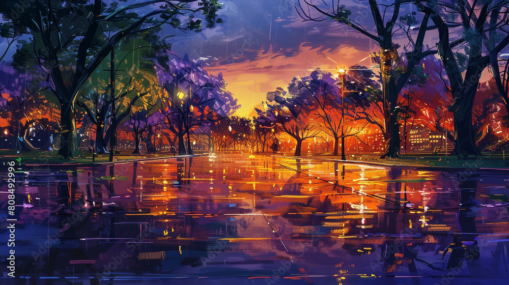 Palette knife strokes highlight a melancholic city park at dusk, in orange and violet.