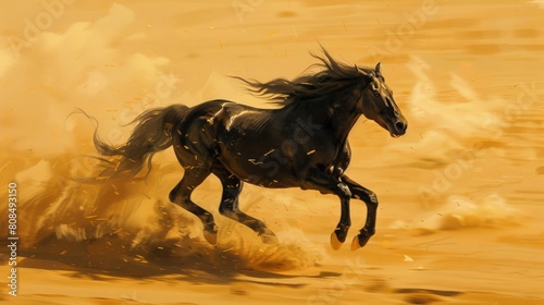 A black horse is running in the desert.