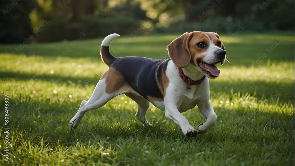 In the summer, beagle dogs sprint across the verdant lawn.