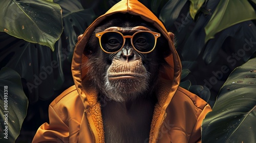 A chimpanzee wearing a yellow raincoat and sunglasses  looking at the camera with a serious expression.