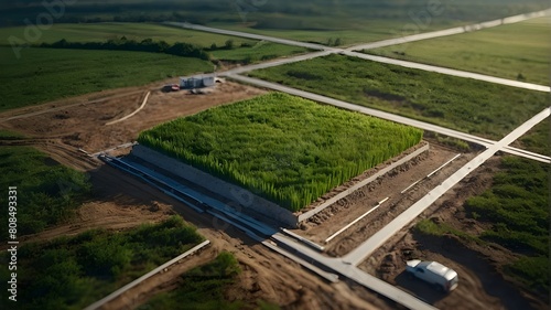 Pin icon for location on a plot of green land, an estate investment, or a parcel of land intended for construction. three-dimensional ground slice