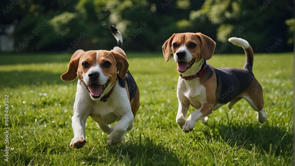 In the summer, beagle dogs sprint across the verdant lawn.