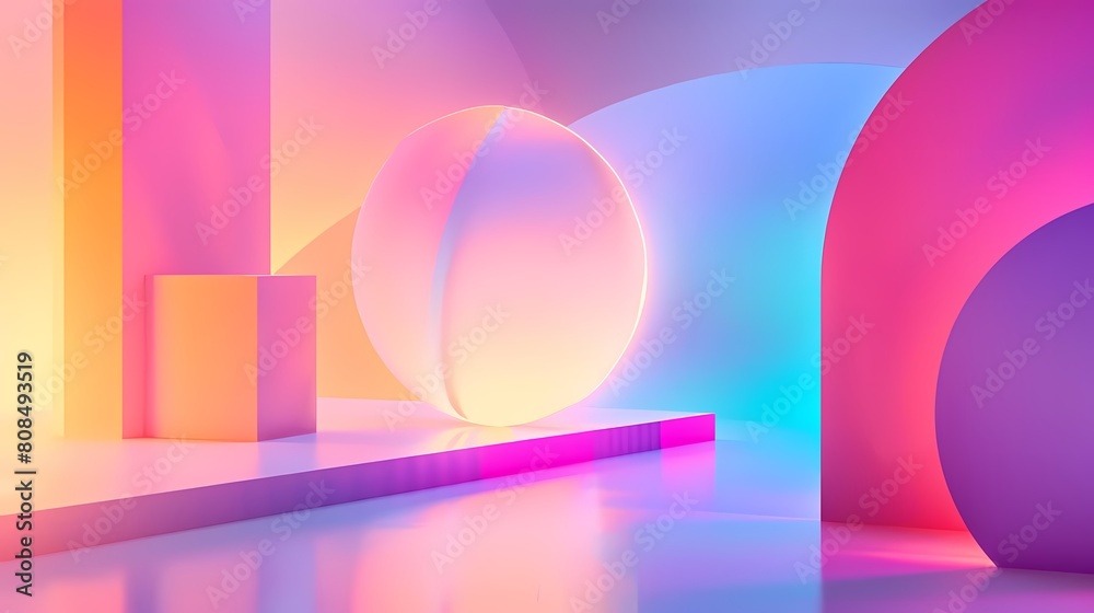 gradient geometric shapes and a white egg on a shiny floor gradient geometric shapes and a white egg on a shiny floor