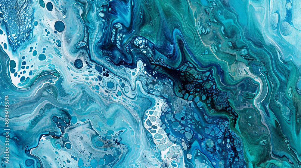 Acrylic painting showcasing an intricate blend of blues and greens, detailed to invite viewer interaction. Acrylic painting showcasing an intricate blend of blues and greens, detailed to invite viewer interaction.