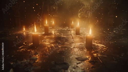 A dark room with a circle of candles on the floor. photo