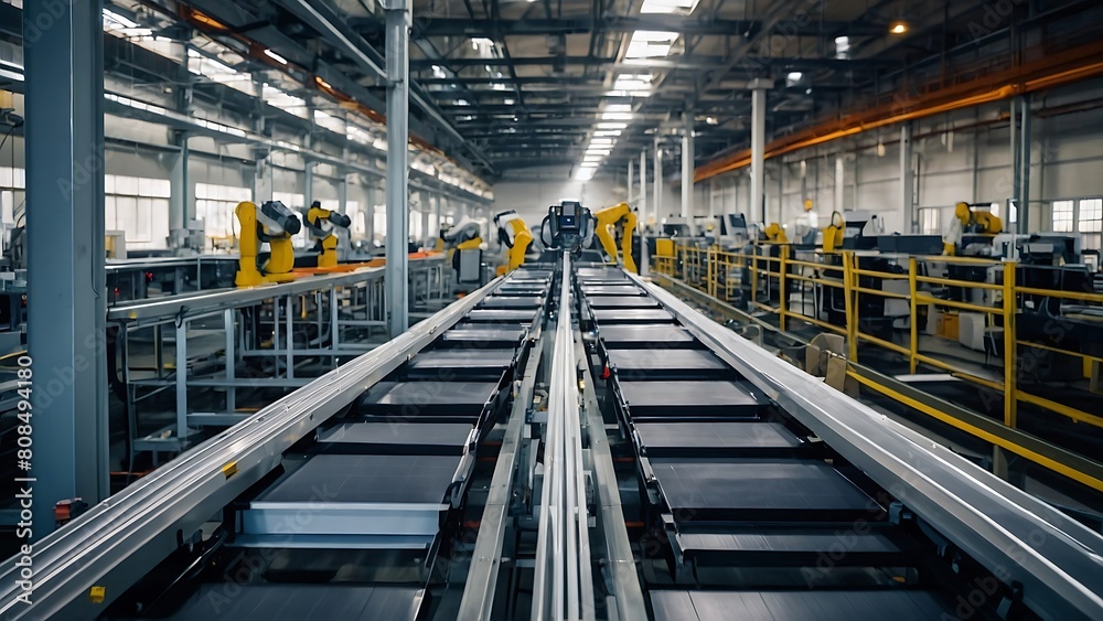 Fototapeta premium Modern Bright Factory: A Huge Production Line with Industrial Robot Arms