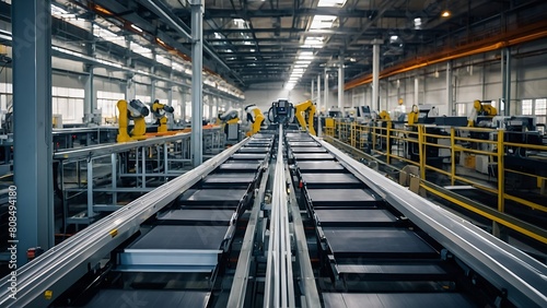 Modern Bright Factory  A Huge Production Line with Industrial Robot Arms