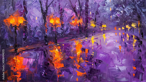 Abstract impressionism capturing a rainy evening park scene with vibrant hues.