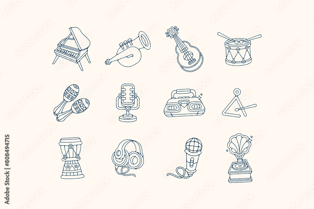 Hand Drawn Retro Music Instrument Doodle Illustration Hand Drawn Retro Music Instrument Doodle Illustration
