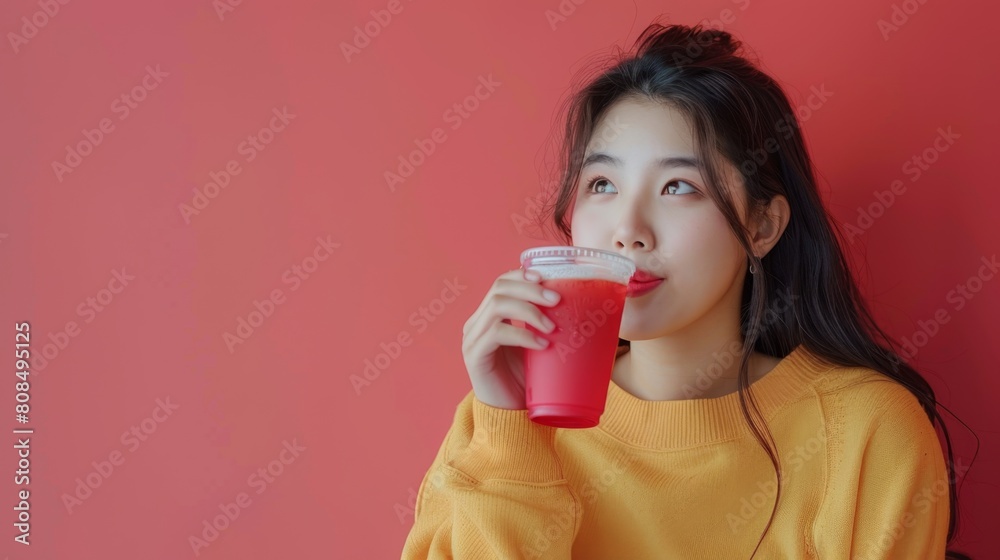 Young female drink strawberry fruity juice for healthy dessert Young female drink strawberry fruity juice for healthy dessert