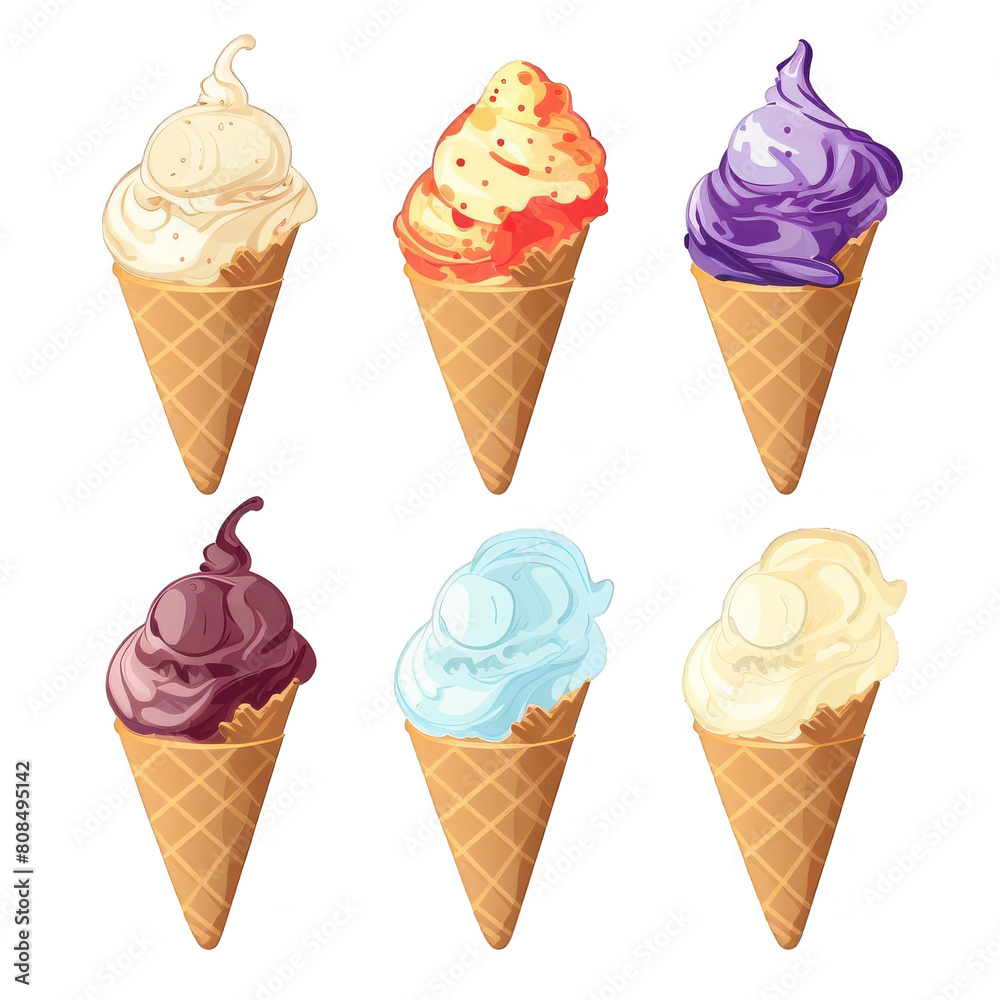 Six ice cream cones in a row with different flavors. Top row: vanilla, strawberry, blueberry. Bottom row: chocolate, mint, cream. Six ice cream cones in a row with different flavors. Top row: vanilla, strawberry, blueberry. Bottom row: chocolate, mint, cream.