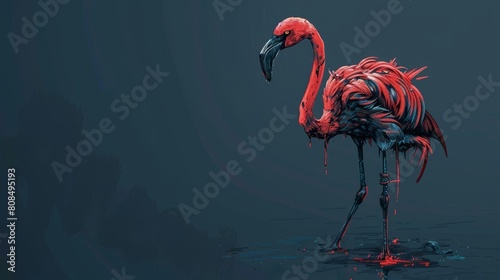 A dark zombie flamingo standing on one leg with tattered wings, peeling feathers and blood dripping from its feathers. photo