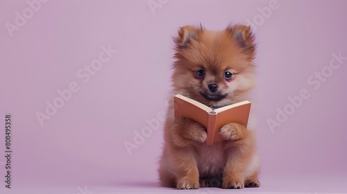 Pomeranian Puppy Curiously Reading Book in Pastel Lavender Studio Setting