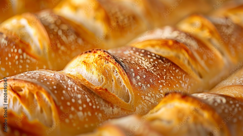 A close-up full frame of freshly baked sourdough bread, showcasing the golden crust and airy texture A close-up full frame of freshly baked sourdough bread, showcasing the golden crust and airy texture