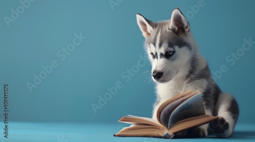Surreal of a Siberian Husky Puppy Reading a Book in Pastel Blue Studio Lighting with copy space for text