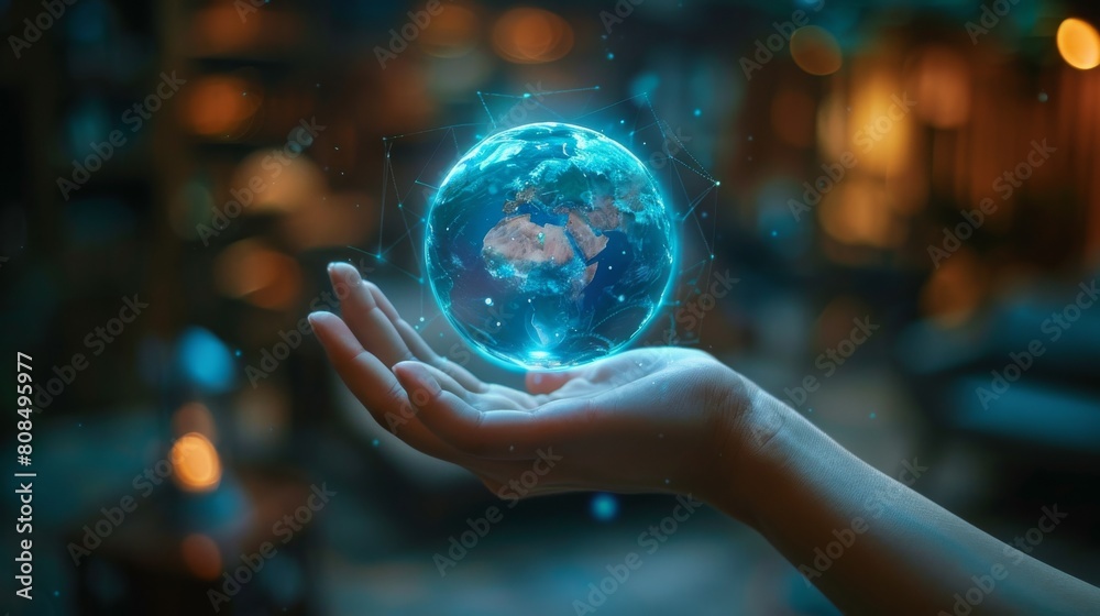 Fototapeta premium A hand holding a blue globe