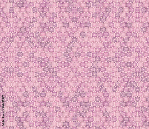 Tileable hexagon background. Pink color tones gradients. Hexagon stacked mosaic cells. Hexagon shapes. Seamless pattern. Tileable vector illustration.