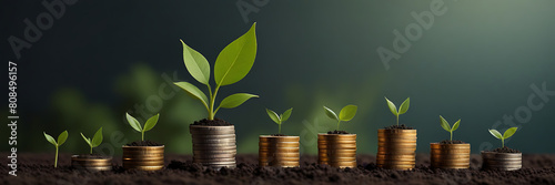 Concept of green business, finance and sustainability investment. Stack of silver coins the seedlings are growing on top with arrow of growth and icons.