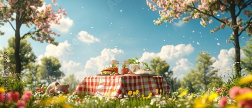 A 3D-rendered picnic scene with cartoon animals enjoying food, a clear blue sky providing copy space
