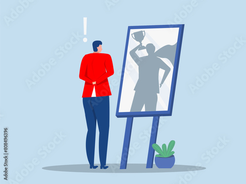 Businessman looking at his strong ideal self superhero reflection mirror.ambition and self confident concept. Dreamy person, self motivation, self esteem human vector illustration. 