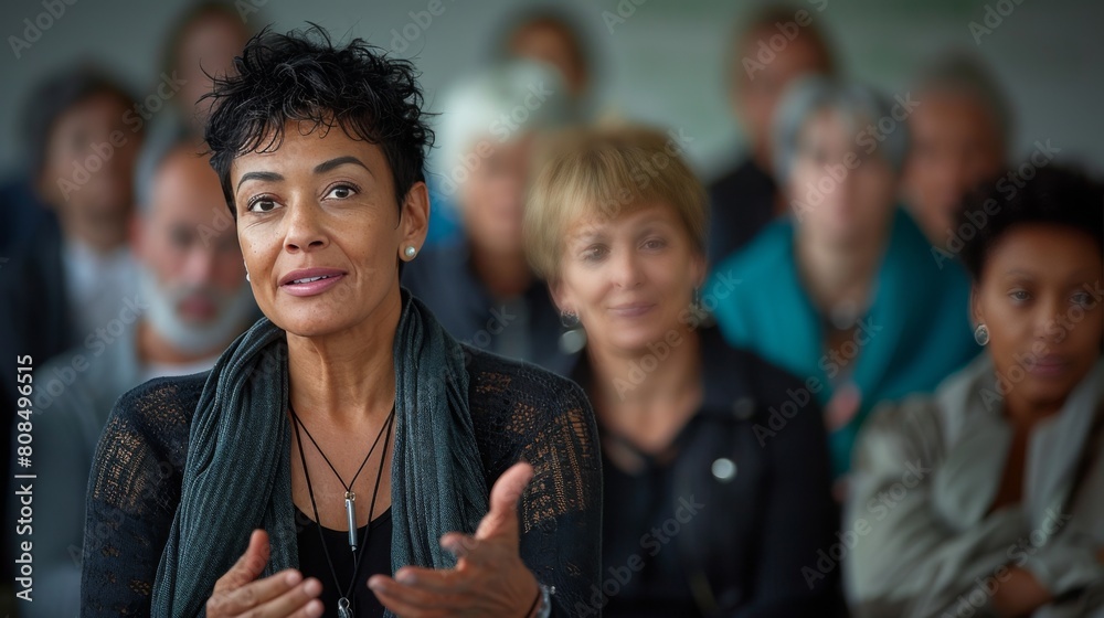 Obraz premium A woman with a scarf on her neck is talking to a group of people