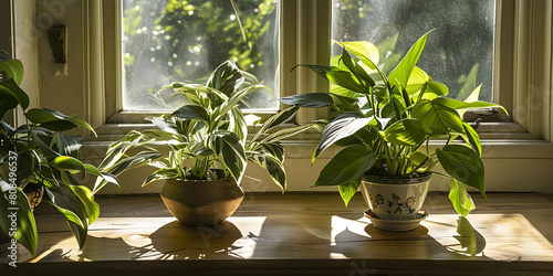 Plantas de casa em um parapeito ensolarado photo