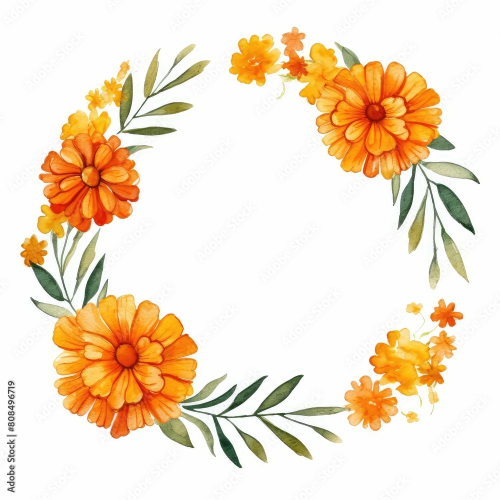 marigold themed frame or border for photos and text. watercolor illustration, Perfect for nursery art, simple clipart, single object, white color background. for greeting card and invitation.