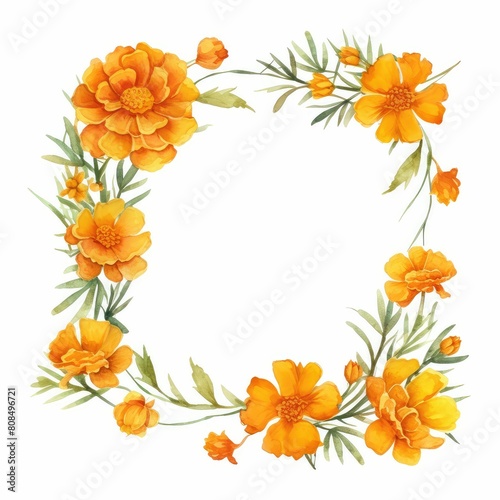 marigold themed frame or border for photos and text. watercolor illustration  Perfect for nursery art  simple clipart  single object  white color background. for greeting card and invitation.