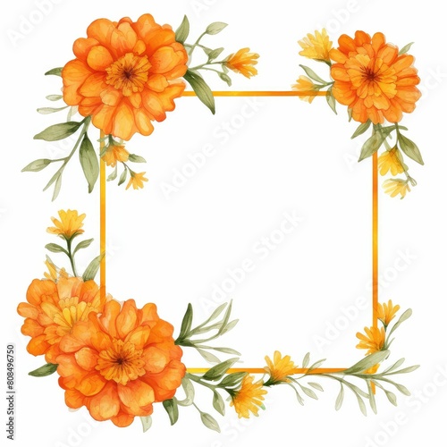 marigold themed frame or border for photos and text. watercolor illustration, Perfect for nursery art, simple clipart, single object, white color background. for greeting card and invitation.