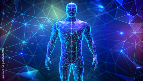 Abstract Digital Human Body: Low Poly Wireframe Silhouette. Perfect for: Medical Presentations, Technology Concepts, Futuristic Designs.