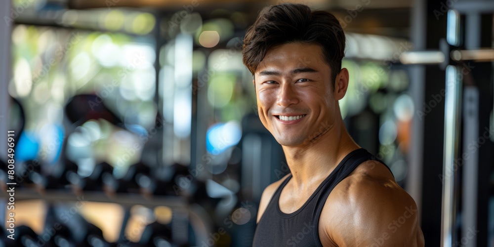 A handsome man in a black tank top smiles while standing at a gym. A handsome man in a black tank top smiles while standing at a gym.