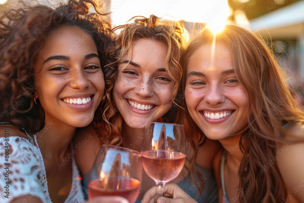 Three beautiful women, smiling, take a selfie with wine glasses in front at an outdoor cafe during the golden hour.