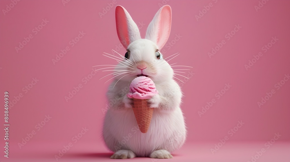 Whimsical Rabbit Enjoying Delightful Ice Cream on Vibrant Backdrop Whimsical Rabbit Enjoying Delightful Ice Cream on Vibrant Backdrop