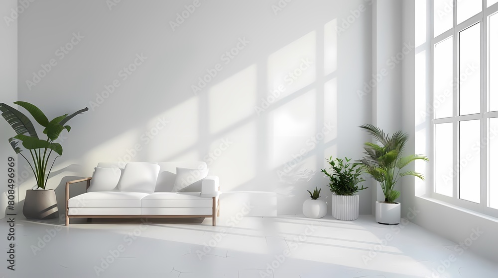 minimalist empty space concept with green plants, white vases, and a large window on a white floor minimalist empty space concept with green plants, white vases, and a large window on a white floor