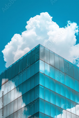 A glass building has clouds reflecting on it  symbolizing cloud computing and digital technology  against a clear blue sky.