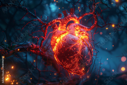A heart made of branches glows red with veins and thorns on the outside against a dark blue background with sparks floating in it. photo